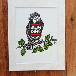 Sparrow wearing a band t shirt handmade linocut bird fan art print image 2