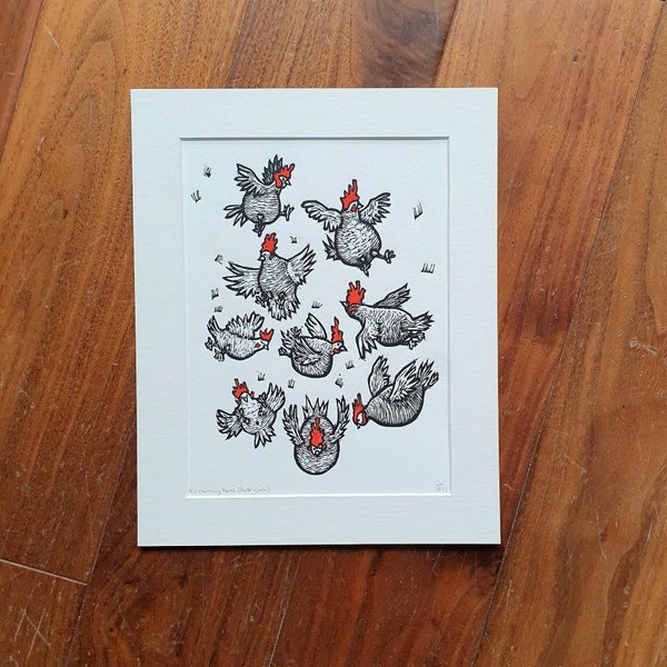 It's Raining Hens (Hallelujah) - handmade original linocut bird art print