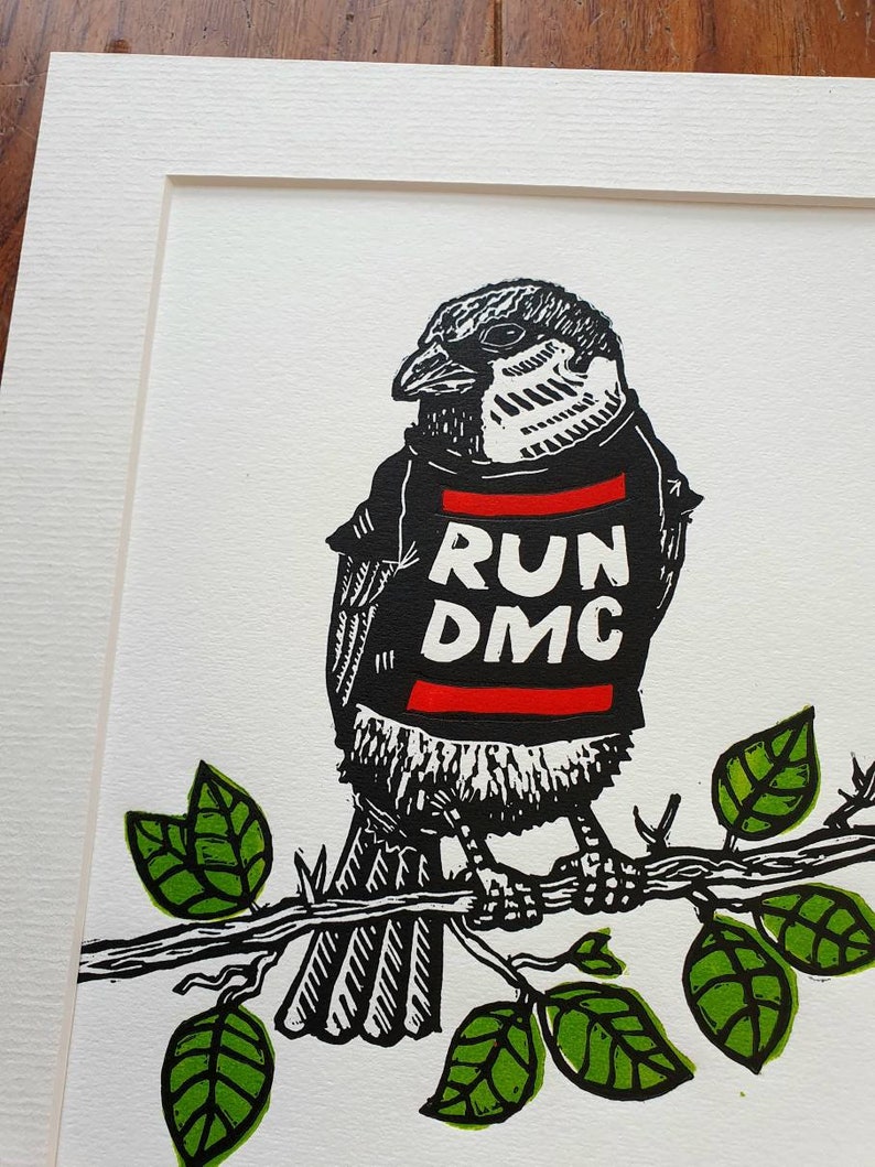 Sparrow wearing a band t shirt handmade linocut bird fan art print image 3