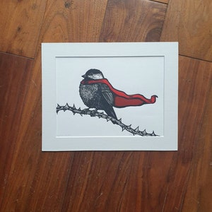 Caped Chickadee - handmade original linocut bird art print