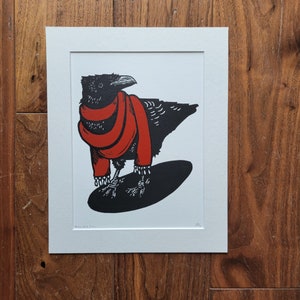Crow wearing a big scarf in burgundy - original handmade linocut art bird print