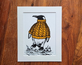 The Bejumpered Penguin - handmade linocut bird art print