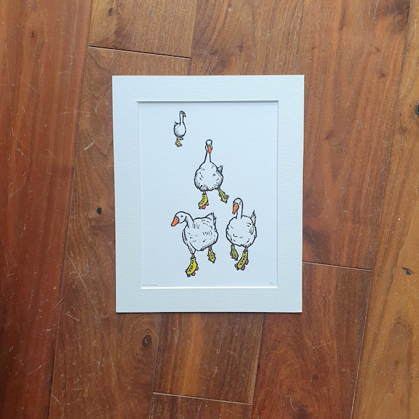 Roller Geese - handmade original linocut bird art print