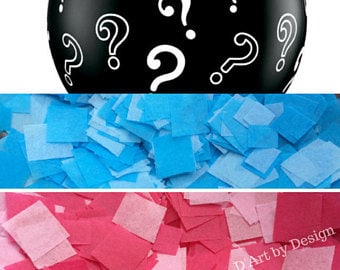 Gender Reveal DIY Balloon Kit.  36 inch big black round balloon with white question marks printed.  Kit complete with blue and pink confetti