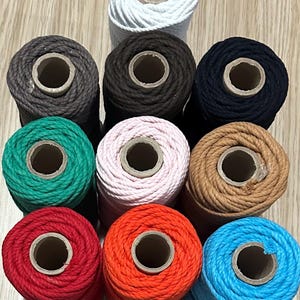May include: Ten spools of twisted cord arranged in a grid, featuring a variety of solid colors including white, dark gray, black, dark brown, green, light pink, tan, red, orange, and bright blue, each wound around a central cardboard tube.