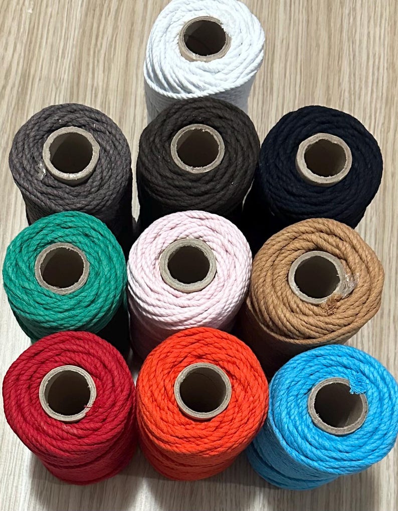 May include: Ten spools of twisted cord arranged in a grid, featuring a variety of solid colors including white, dark gray, black, dark brown, green, light pink, tan, red, orange, and bright blue, each wound around a central cardboard tube.