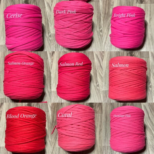 T-Shirt YARN. 100% recycled T-shirt Yarn. Spaguetti Yarn. 164 Yds T-Shirt Yarn. Fabric Yarn. Cotton T-Shirt Yarn. Pink/Red/Salmon shades