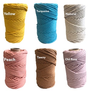 May include: Six spools of twisted cotton cord arranged in two rows. The top row features yellow, turquoise, and natural colors. The bottom row displays peach, tawny, and old rose colors. Each spool is labeled with its respective color name.