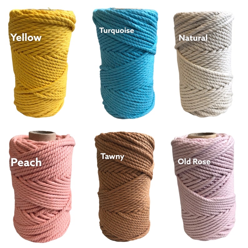 May include: Six spools of twisted cotton cord arranged in two rows. The top row features yellow, turquoise, and natural colors. The bottom row displays peach, tawny, and old rose colors. Each spool is labeled with its respective color name.