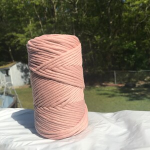 Pode incluir: Um close-up de uma corda de algod&atilde;o rosa, enrolada em uma bola, pronta para projetos de artesanato.
