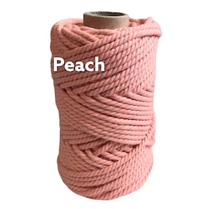 May include: A spool of thick, twisted peach-colored cord wrapped around a cardboard core. The word Peach is printed in white letters on the front of the cord. The rope has a textured, braided appearance with a consistent light orange hue.