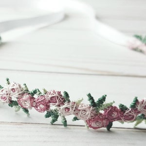 Newborn Pink flower crown with white ribbon, one year photoshoot, girl photoshoot, flower girl, newborn pictures, senior pictures,bridesmaid