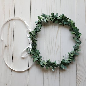 Sage boho crown with white satin ribbon, flower girl, maternity crown, senior pictures, newborn, bridal, wedding, leaf crown, leaf wreath