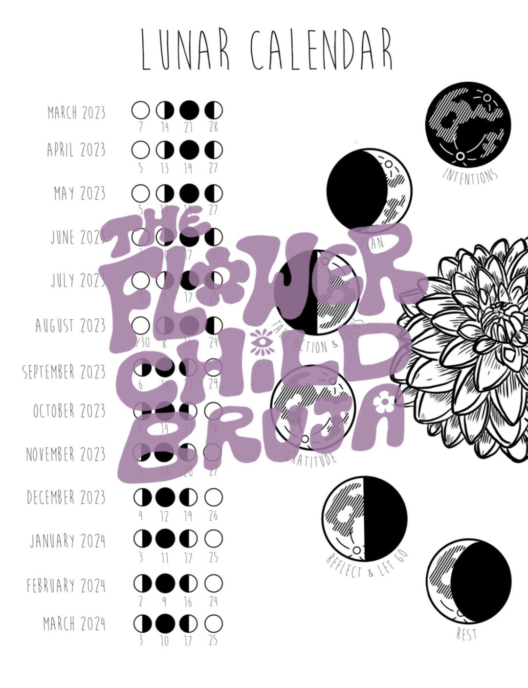 Lunar Calendar Moon Phases March 20232024 PDF Download Etsy