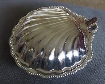 A stunning Silver Plated Caviar Serving Dish or Butter Bowl with clamshell lid,  glass insert and butter knife.