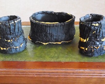 Set of Three Plant Pots Hand Made in Black and Gold color