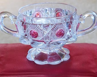 Challice shaped Sugar Bowl with Ruby Red Dots / Two Handles  /  Lid.