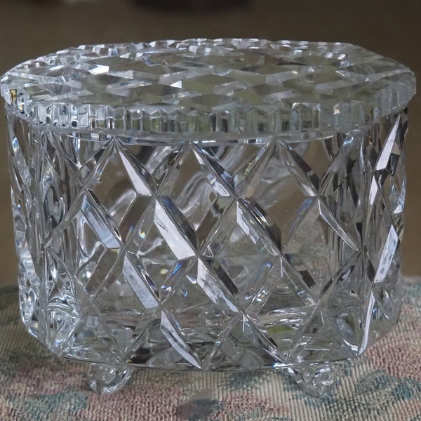 Dresser Box Powder Jar Lead Crystal Clear Glass Footed Jewelry Trinket Holder with Cover