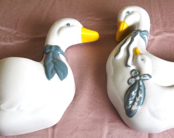 Vintage Wall Duck Pockets - Pair of Ceramic 1980s Wall Ducks with Blue Scarfs