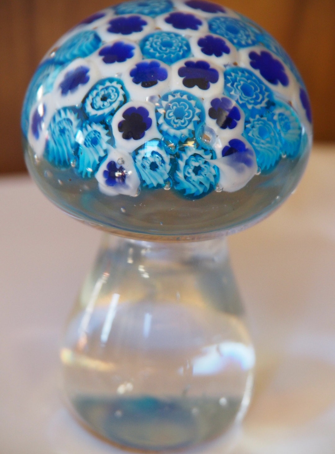 MILLEFIORI Mushroom Art Glass Paper Weight Clear Glass With Blue