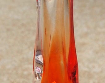 Vintage Art Glass Swung Vase Red – Orange – Clear Hobnail Glass.