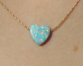 Opal Halskette, Aqua Grüner Opal Herz Charm Anhänger, Opal Schmuck, Zierliche Frauen Choker Silber Gold Rose Filled Kette, Oktober Birthstone Geschenk
