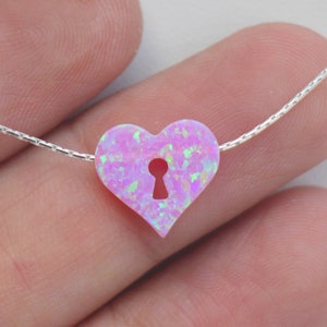 Herz Lock Opal Halskette, rosa weiß blau glitzernder Herz Schmuck, Opal Schmuck, zierliche minimalistische Frauen Choker, Silber Gold Rose gefüllt Kette