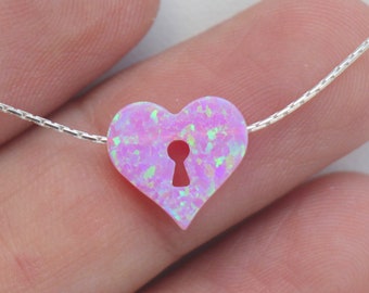 Herz Lock Opal Halskette, rosa weiß blau glitzernder Herz Schmuck, Opal Schmuck, zierliche minimalistische Frauen Choker, Silber Gold Rose gefüllt Kette