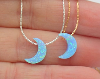 Opal Necklace, Opal Jewelry, Blue Moon Opal Necklace, Silver Gold Rose Filled Chain, Opal Moon Jewelry, Opal Choker Necklace, Moon Necklace