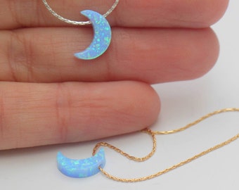 Blauwe opaal maansikkel: zilver, goud, roségouden ketting, maanketting, maanketting, kleine maan bedelketting