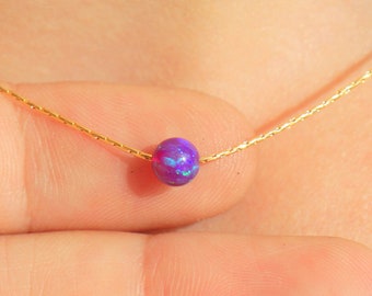 Purple Opal Necklace, Single Ball Bead Opal Jewelry, Dainty Floating Opal Charm Pendant, Women Dot Opal Silver Gold Rose Filled Choker Gift