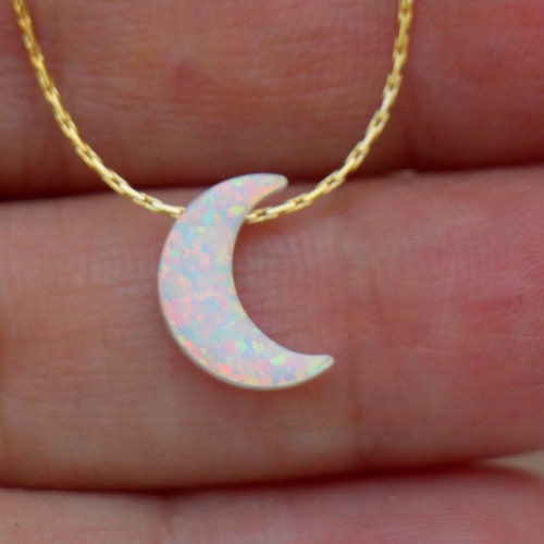 Opal Necklace, Moon Opal Jewelry, White Opal Pendant, Silver Gold Rose Gold Chain, Crescent Moon Women Necklace, Minimalist Gift for Her