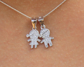Silver Zircon Boy and Girl Necklace, Mother Necklace Family Children Pendant Necklace, Mom Jewelry, Elegant Mothers Day Child Charm Necklace
