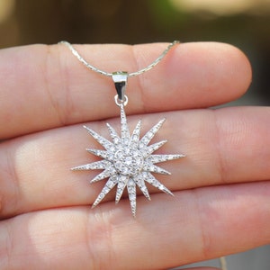 Sun Necklace, Sun Jewelry, Glitter Silver Zircon Sun Pendant, Sunburst Pendant, Sunshine Necklace, Elegant Sparkly Sunburst, Glittery Sun