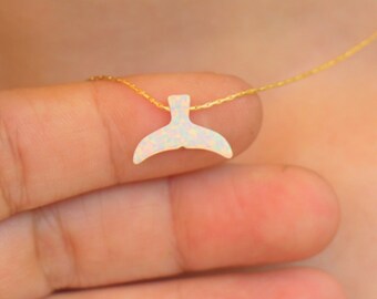 Collar de ópalo blanco, joyería de cola de sirena, gargantilla de ópalo blanco, colgante para mujer, gargantilla de ballena delicada, cadena de plata y oro con relleno de rosa.