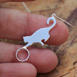 Cat Necklace, Silver Cat Playing Ball Necklace, Cat Lover Jewelry Gift, Animal Necklace, Silver Cat Pendant, Women Men Silver Kitten Gift