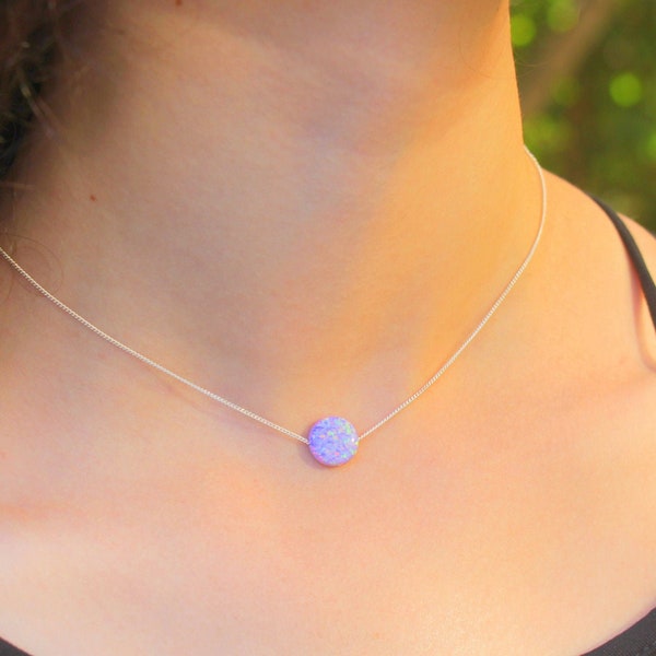 Opal Necklace, Purple Lavender Coin Opal Jewelry Delicate Disc Charm Lilac Women 10mm Bead Stone Minimalist October Birthstone Gift for Her