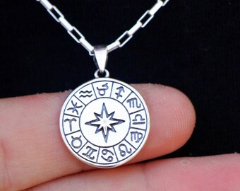 Silber Sternzeichen Halskette, Astrologische Halskette, Silber Münze Horoskop Anhänger, Sternzeichen Schmuck, Frauen Männer Sternzeichen Astrologie Medaillon Geschenk