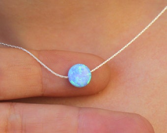 Blue Opal Necklace, Dainty Coin Opal Bead Jewelry, Disc Opal Choker, Women Silver Gold Rose Filled Chain, Minimalist Sparkly Opal Necklace