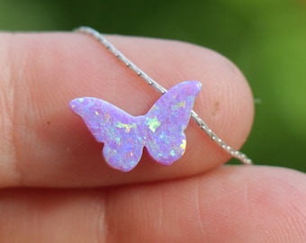 Opal Necklace, Opal Jewelry, Purple Butterfly Opal Charm, Lavender Butterfly Opal Pendant, Women Lilac Opal Jewelry, Silver Gold Rose Filled