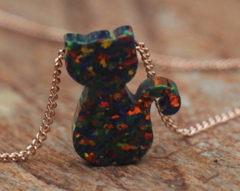 Opal Necklace, Opal Jewelry, Black Cat Opal Necklace, Women Opal Kitty Charm Choker Pendant Necklace, Black Stone Jewelry, Cat Lover Gift