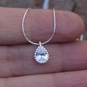 Teardrop Necklace, Solitaire Necklace, Little Silver Zircon Stone Women Necklace, Small Sparkly Elegant Classic Drop Pendant Jewelry Gift image 5