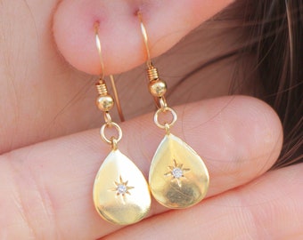 Gold Teardrop Earrings, Gold Dew Drop Earrings, Cllasic Teardrop Jewelry, Raindrop Dangle Drop Earrings, Shiny Flat Water Drop Earrings Gift