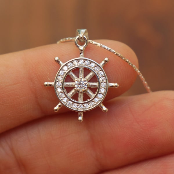 Ship Steering Wheel Necklace Elegant Classic Boat Wheel Pendant Quality Silver Zircon Women Helm Jewelry Sailor Safe Travel Ocean Sea life