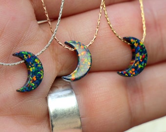 Black Moon Opal Necklace, Opal jewelry, Crescent Choker, Black Opal Pendant, Moon Opal Charm, Silver Gold Rose Gold, Minimalist Women Gift