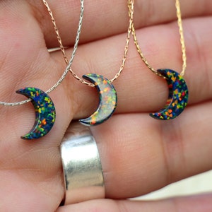 Black Moon Opal Necklace, Opal jewelry, Crescent Choker, Black Opal Pendant, Moon Opal Charm, Silver Gold Rose Gold, Minimalist Women Gift