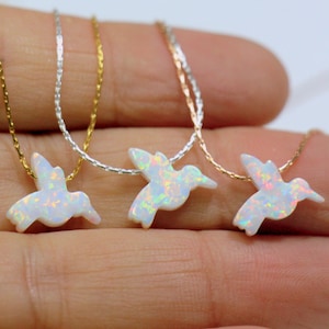 Opal necklace, Opal Jewelry, Hummingbird Necklace, White Bird Opal Jewelry, Dainty White dove Necklace, Tiny hummingbird Opal Charm Pendant