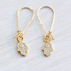 Hamsa Hand Earrings, Gold Hamsa Earrings, Sparkle Hamsa Jewelry, Gold Dangle Earrings, Gold Hand Earrings, Women Good Luck Evil Eye Earrings