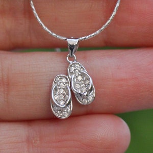 Flip Flops Necklace, Silver Flip Flop Jewelry, Zircon Sandals Jewelry, Beach Ocean Summer Necklace, Sparkly Flip-Flop Zircon Sandals Shoes