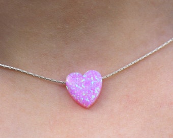 Pink Opal Heart Necklace: Sparkly Pink Heart Charm Necklace Jewelry